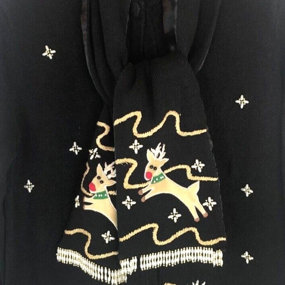 Vintage Lemon Grass "Rudolph" reindeer Cardigan Small Black Detach Scarf - Picture 14 of 16
